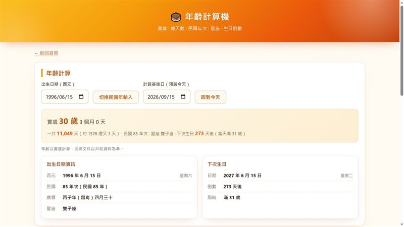 年齡計算機實際操作：輸入生日後即時顯示實歲、總天數、民國年次與下次生日倒數